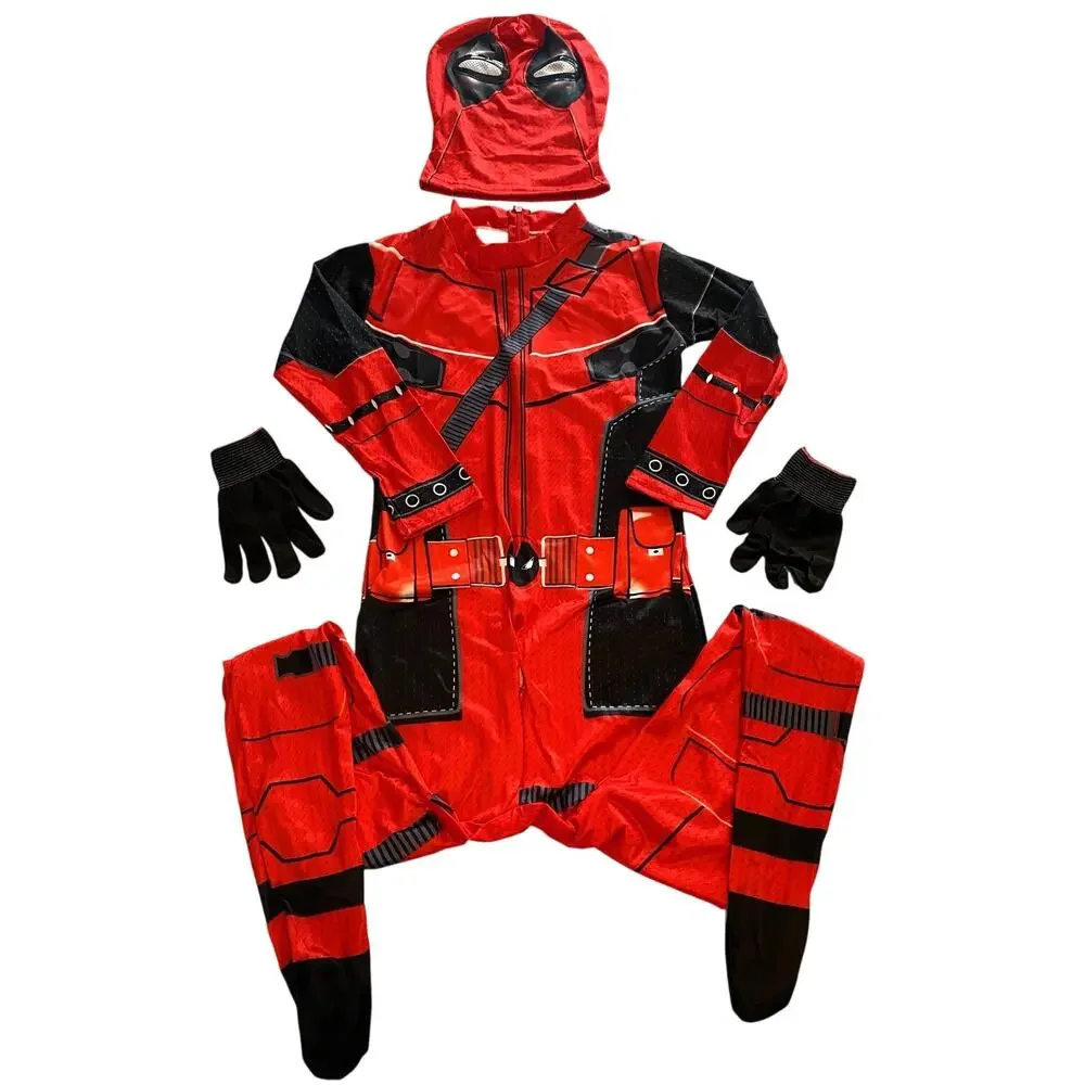 BRAND NEW ~ Deadpool Outfit Bodysuit Face Mask Hood & Gloves ~ Kids 10-11 yrs